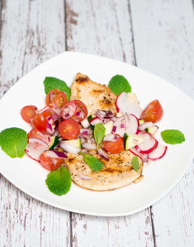 Grilled Chicken with Zucchini Radish and Cherry Tomato Relish