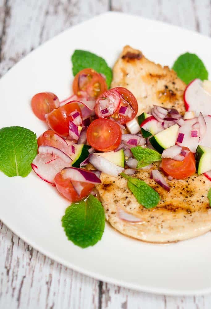 grilled chicken zucchini, radish and cherry tomato relish