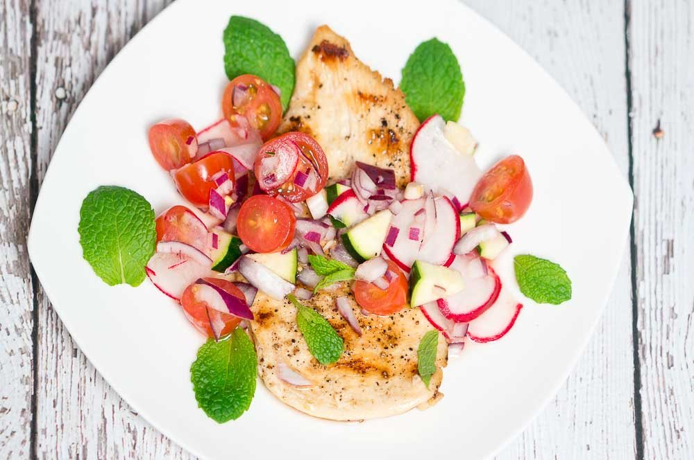 grilled chicken zucchini, radish and cherry tomato relish