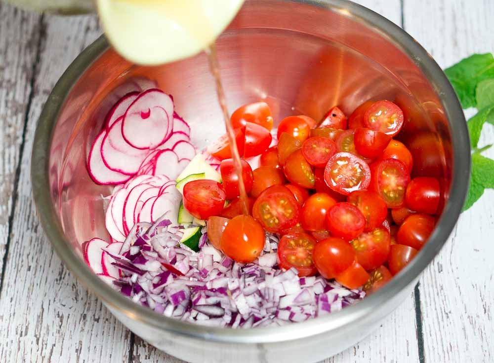 grilled chicken zucchini, radish and cherry tomato relish