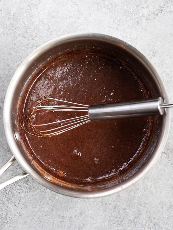 mixing cocoa powder and milk in a saucepan