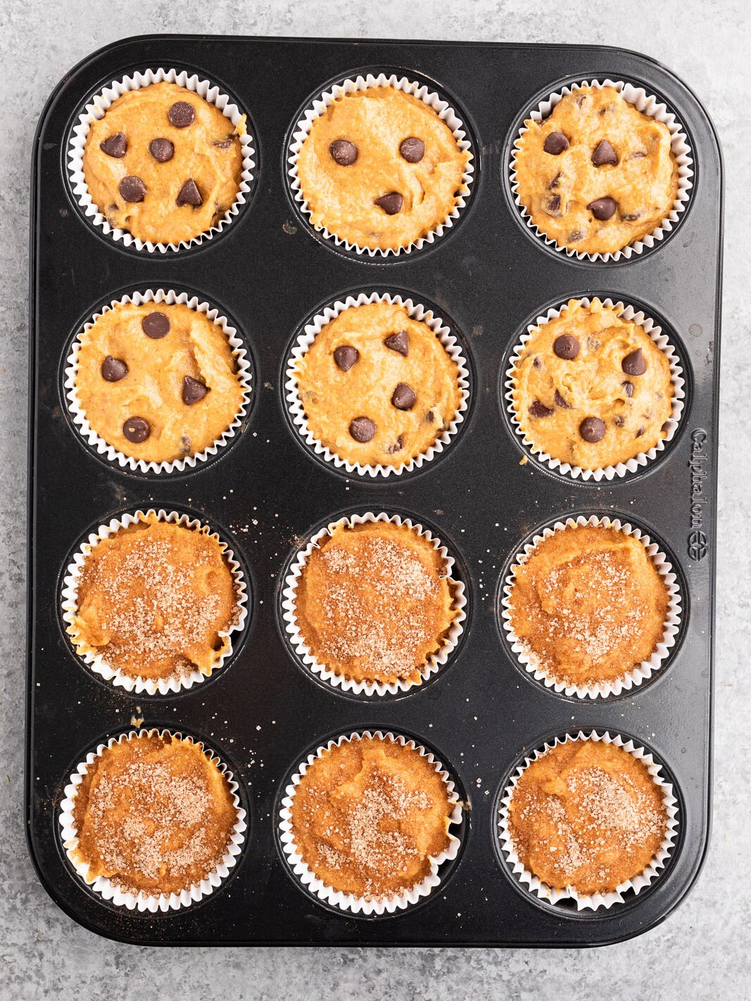 chocolate chip pumpkin muffins and pumpkin muffins with cinnamon sugar crunch
