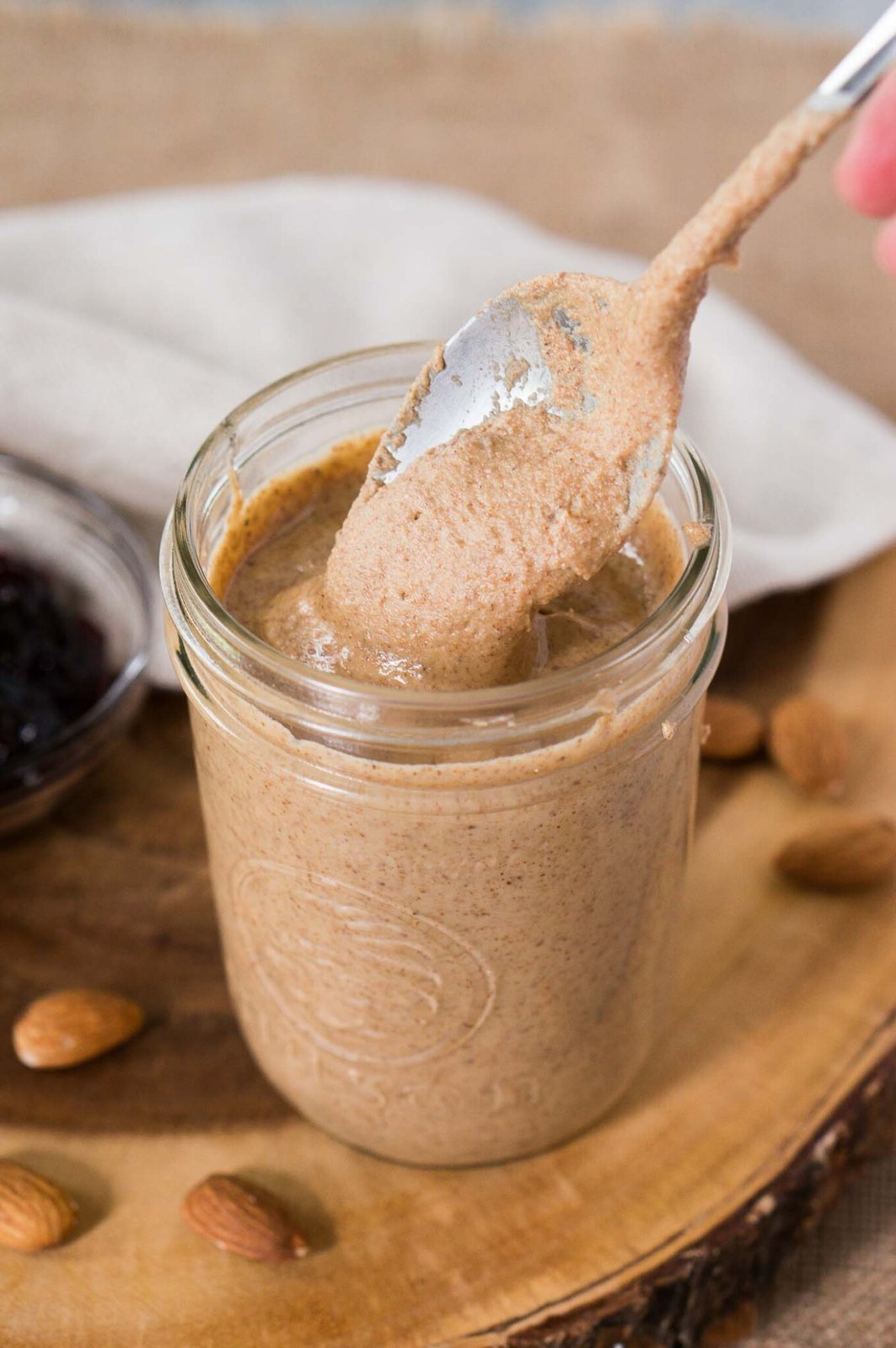creamy almond butter in a jar