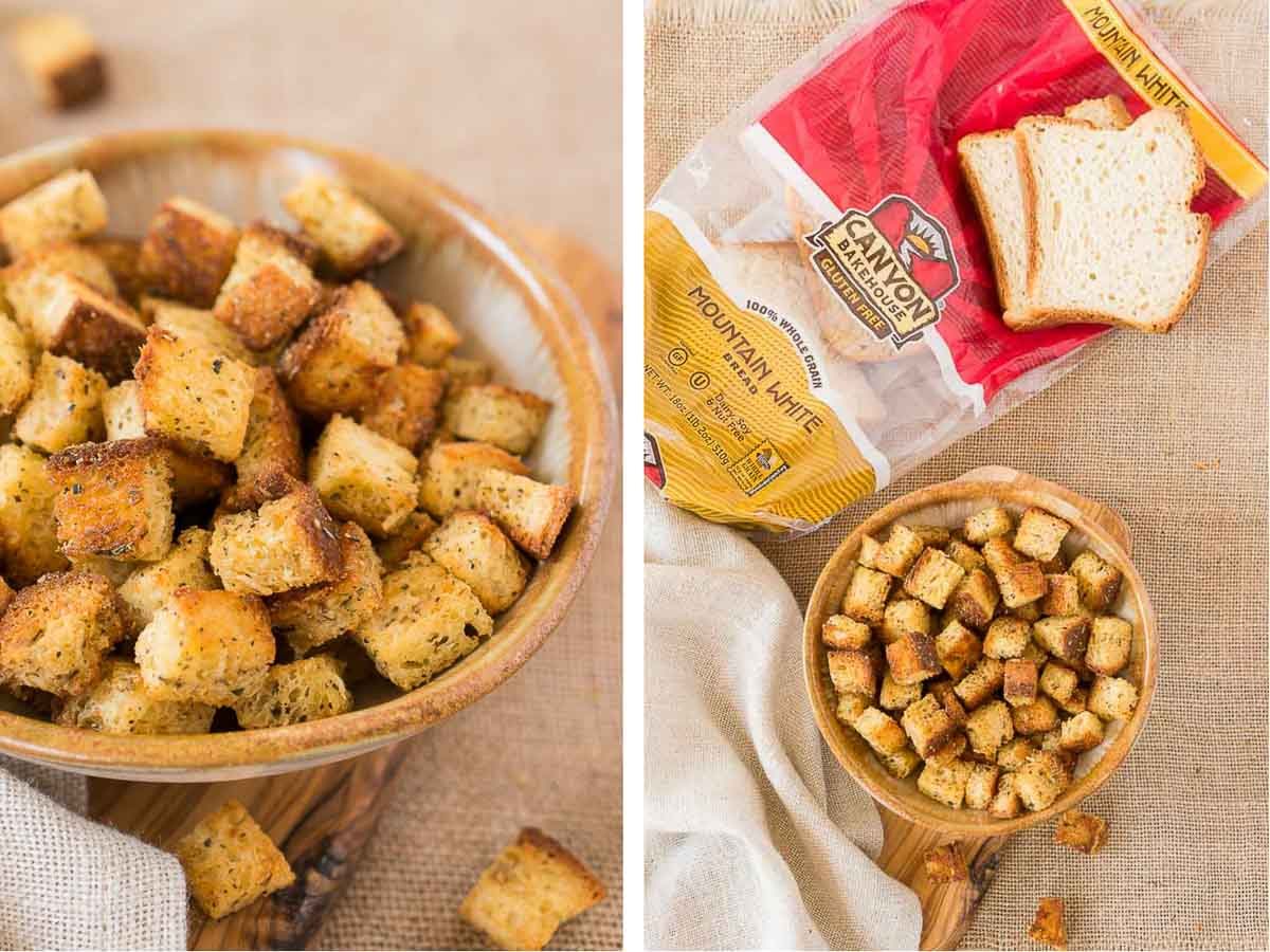 croutons in a bowl made with gluten-free bread from canyon breadhouse