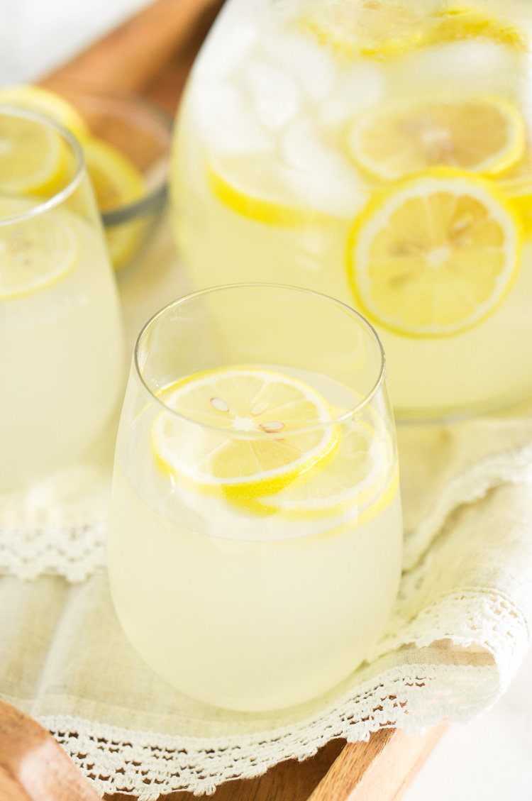 close up shot of lemonade ub a glass pitcher