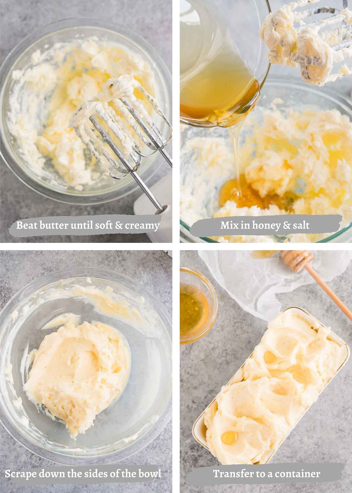 process shots of making honey butter with a hand mixer