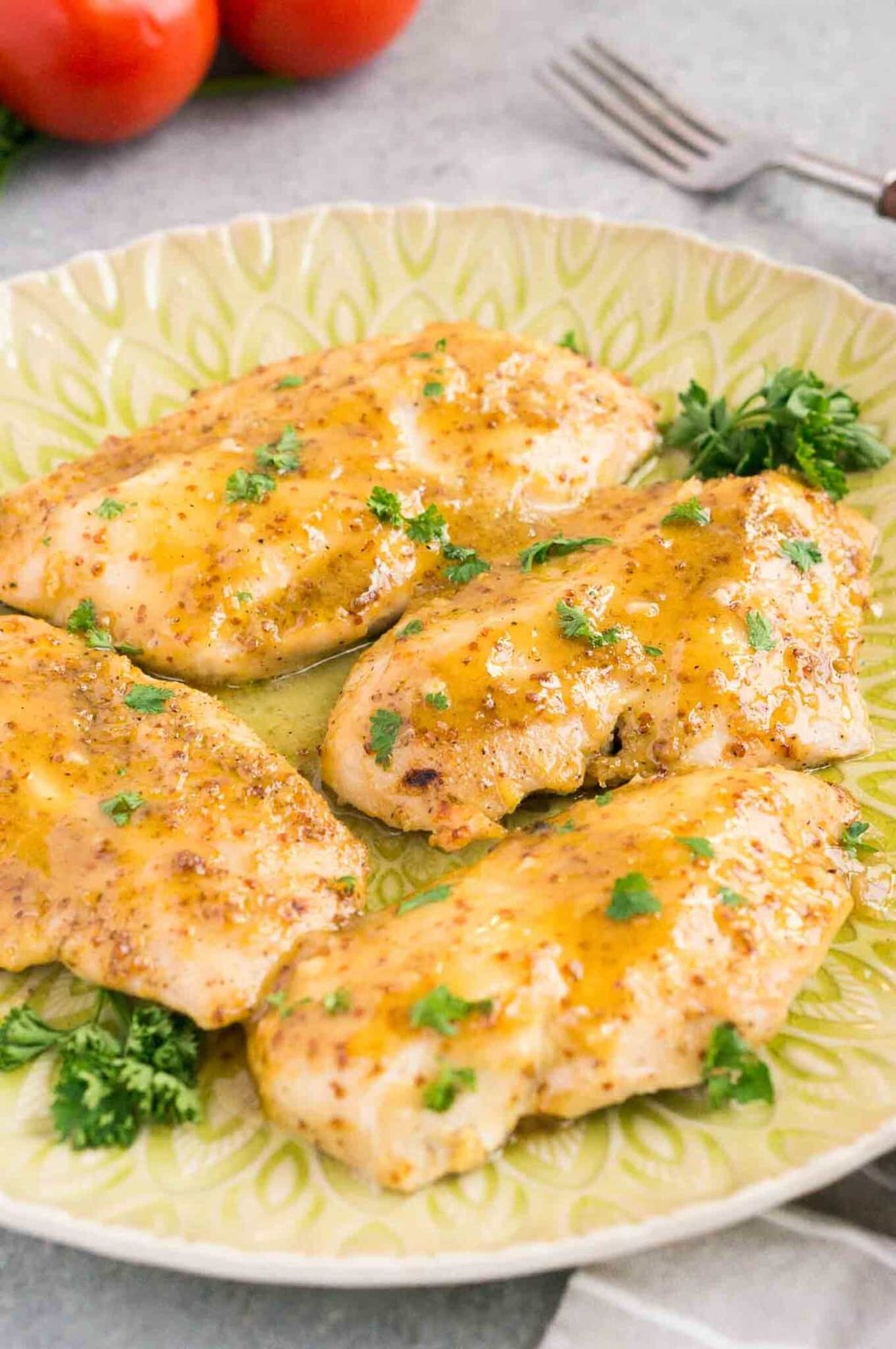 chicken recipe in honey mustard sauce on a plate