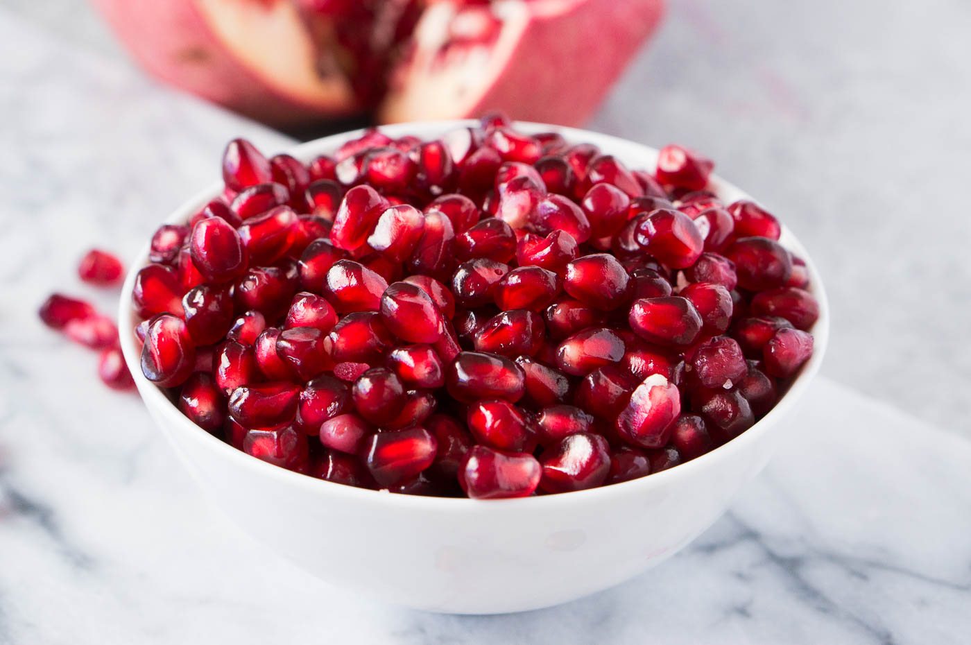 close up image of deseeded pomegranate arils