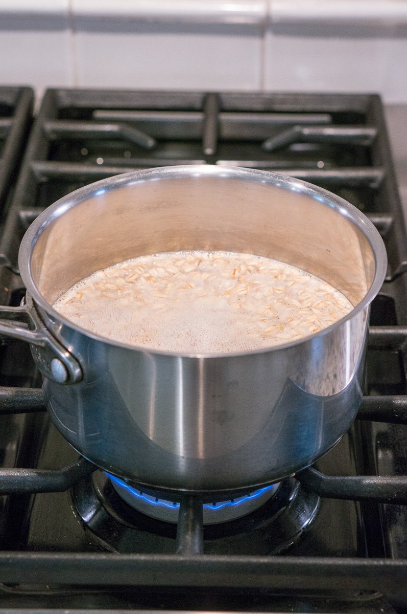 simmering oatmeal on the stove