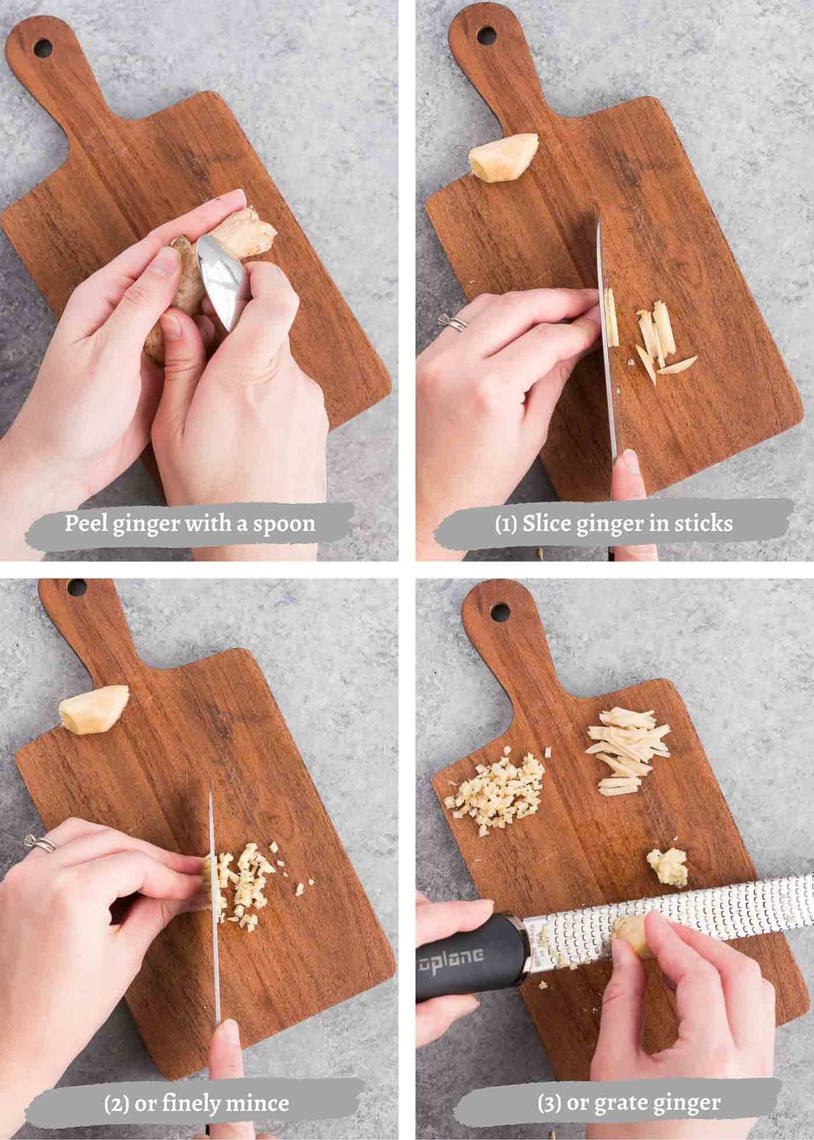 process images of slicing, chopping and mincing ginger
