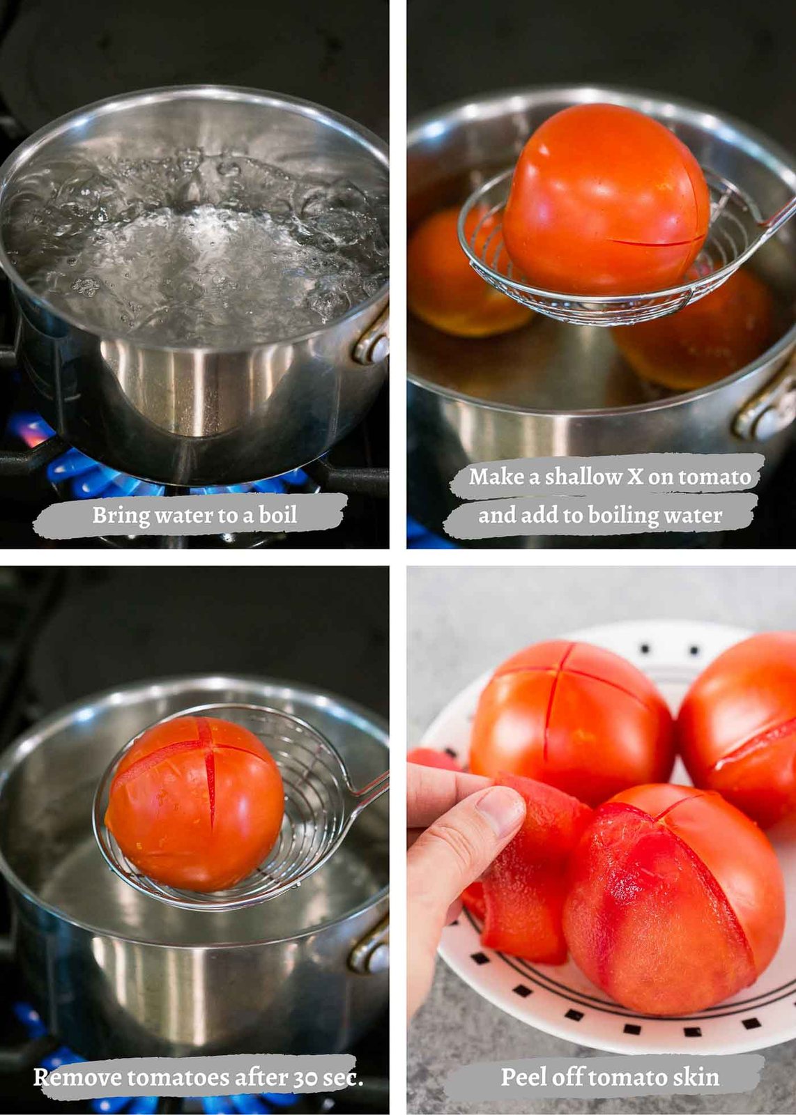process images of blanching and peeling tomatoes