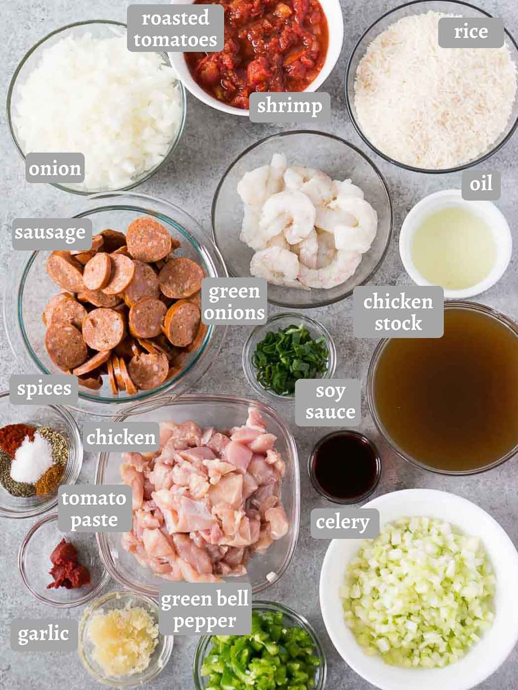 jambalaya ingredients on a board