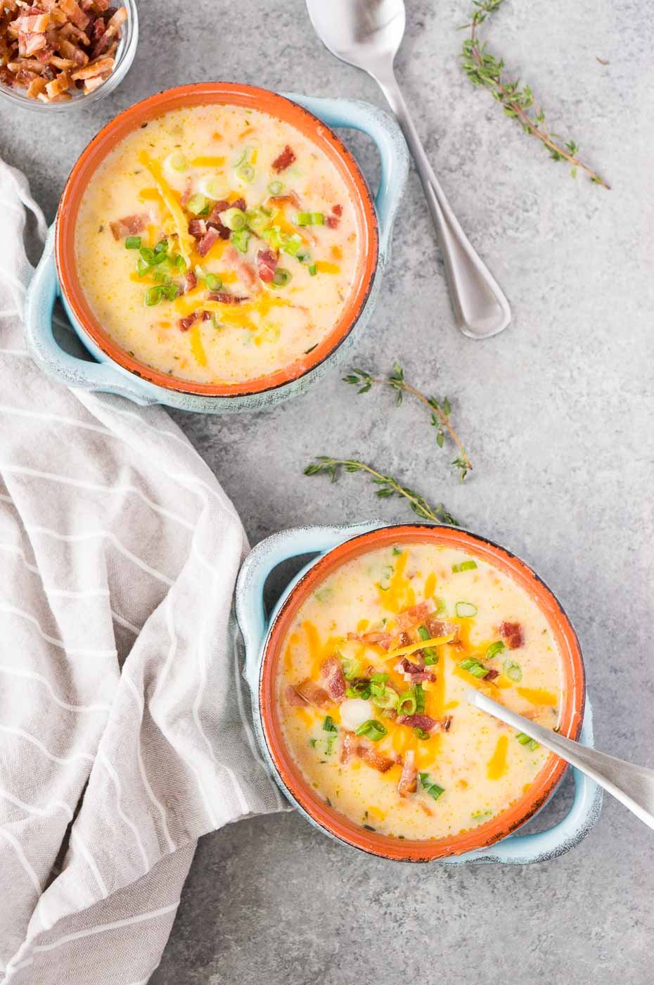 two bowls with loaded potato soup