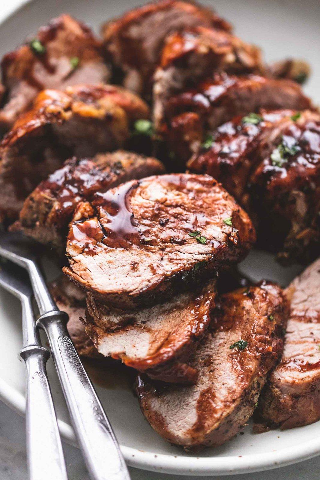 platter of balsamic pork tenderloin