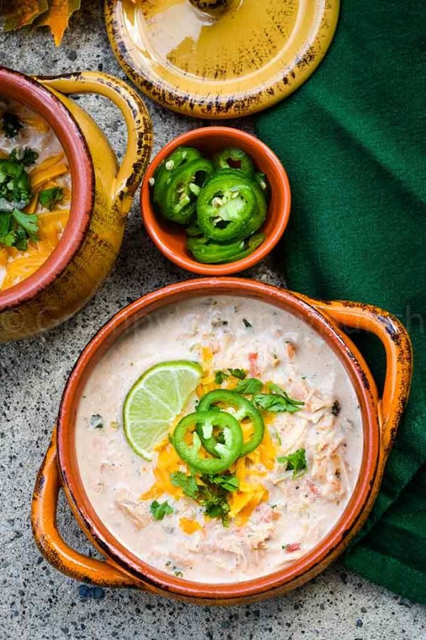 easy Instant Pot recipe - chicken taco soup in soup crock