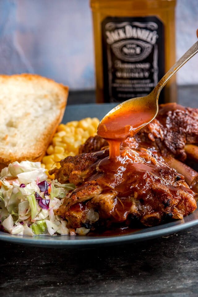 plate of whiskey glazed bbq ribs