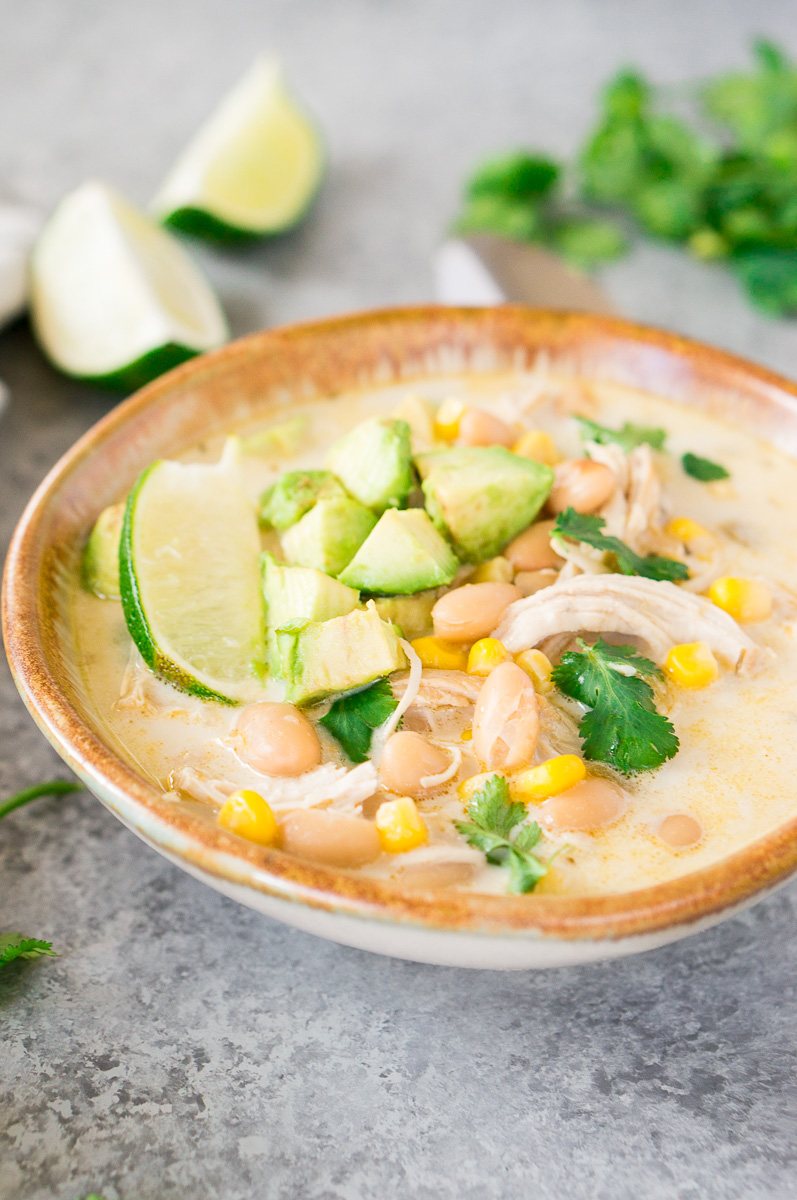easy IP white chicken chili served in a bowl