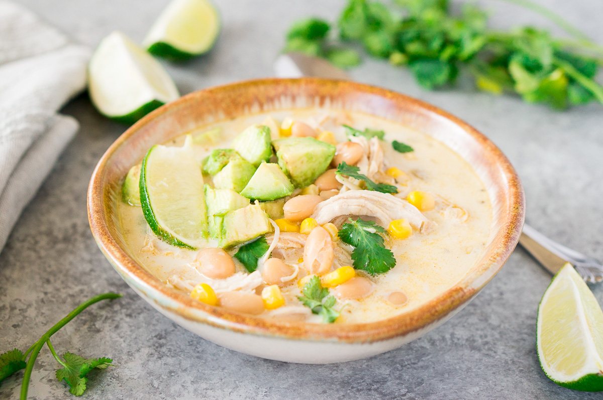 chicken white bean chili in a bowl