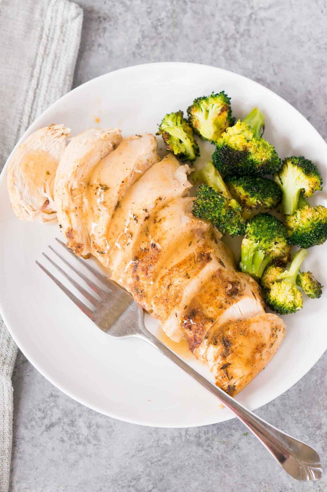 sliced chicken breast with gravy on a plate
