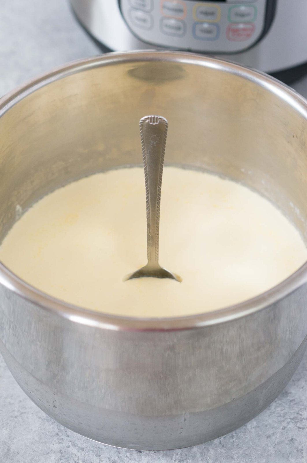 spoon standing by itself in thick instant pot yogurt