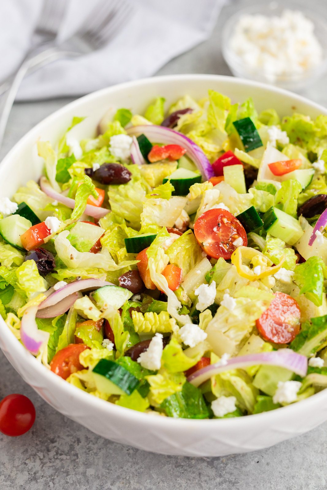 Finished chopped salad ready to serve as a fresh side dish