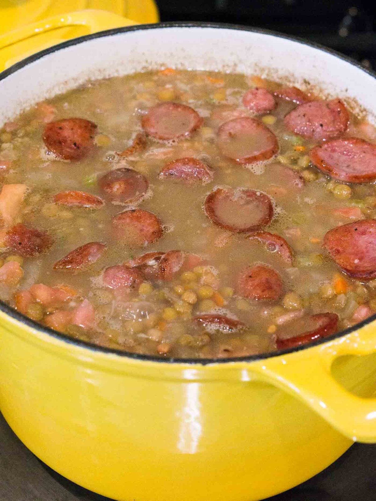 cooked lentil soup and sausage