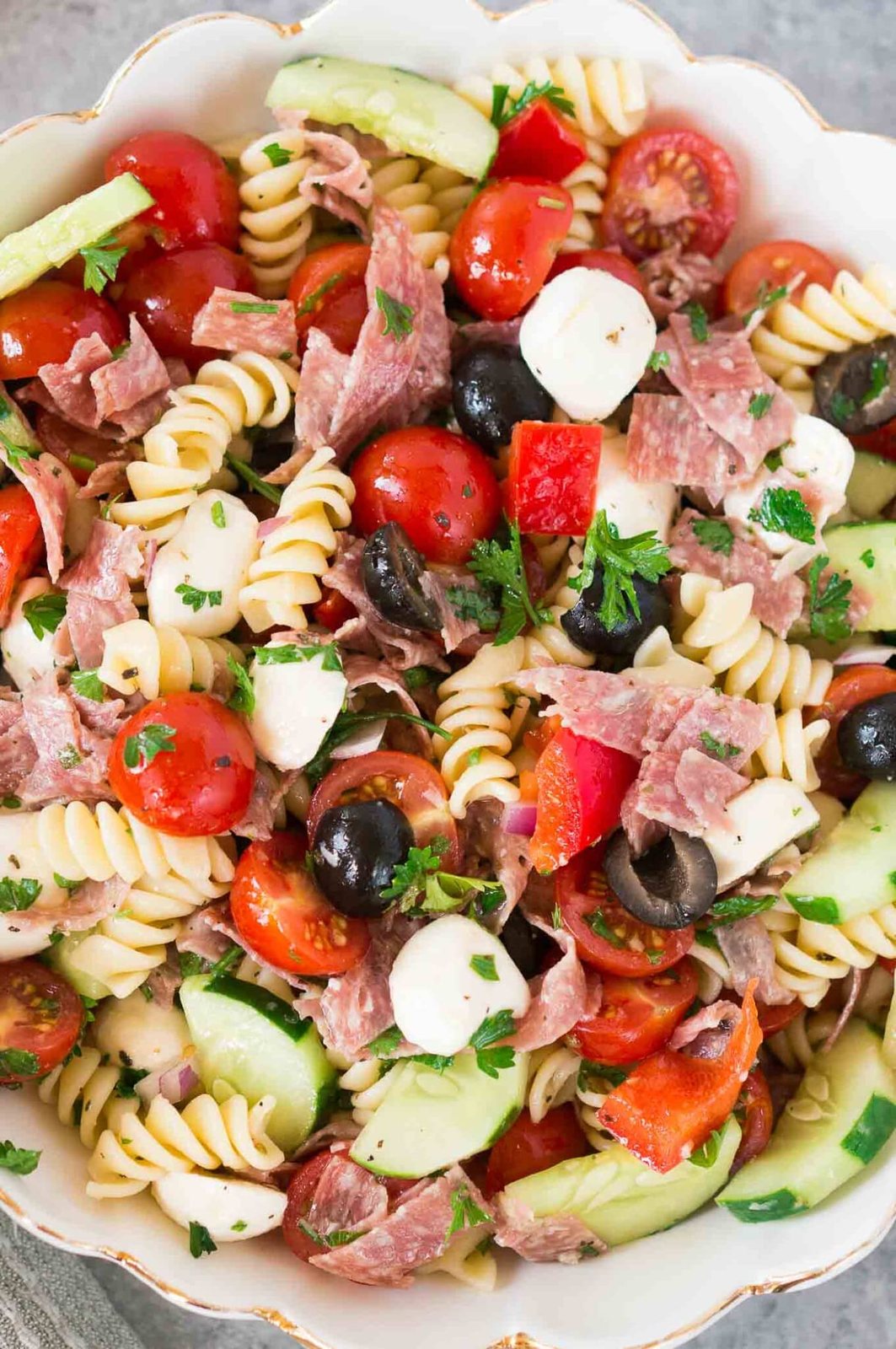 close up shot of Italian salad with pasta