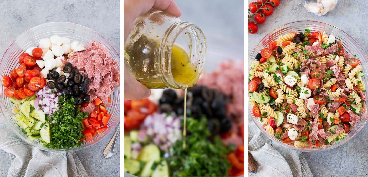 process shots of making Italian pasta salad