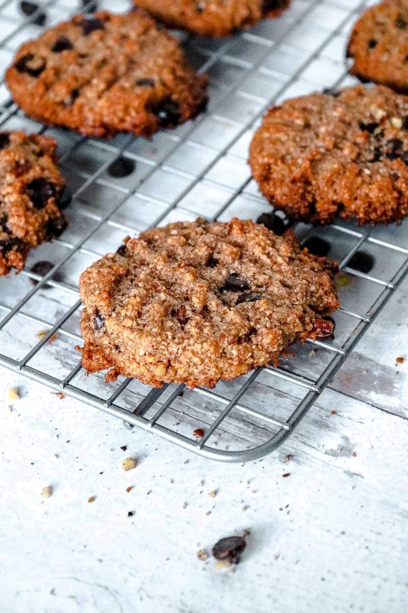 close up of keto chocolate cookies on a wire rack