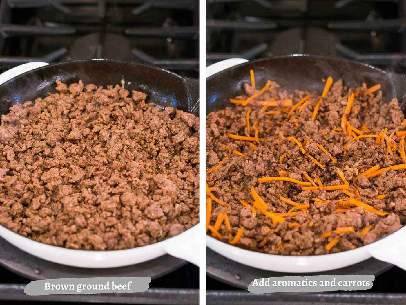 making Korean beef in a skillet on the cooktop