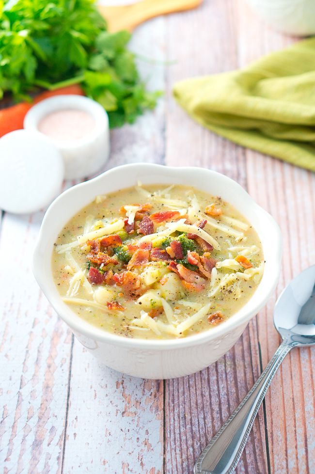 A super simple loaded broccoli and potato soup - a quick light dinner for cold fall and winter nights. Only 30 minutes! It's gluten-free and dairy-free.