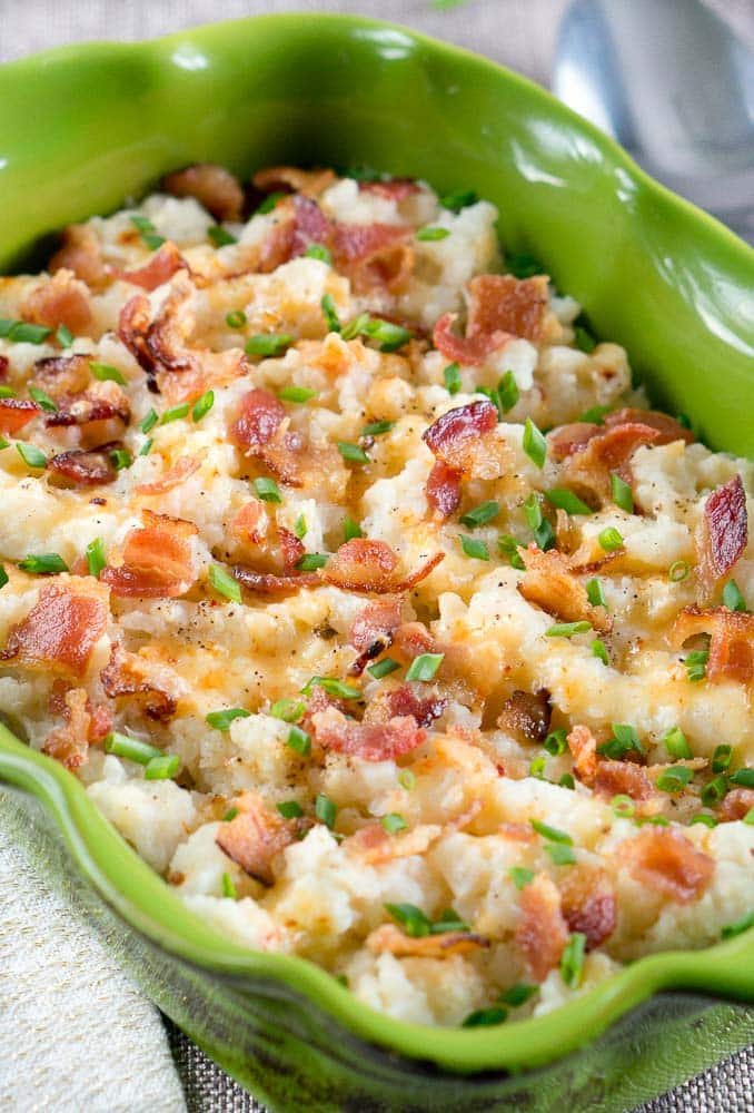 Loaded Cauliflower Bake with cooked bacon cheese and garlic