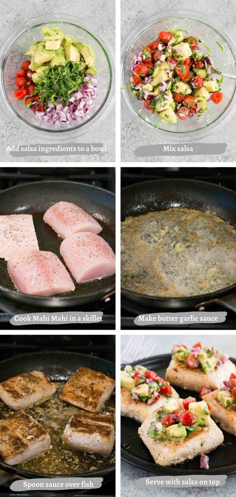 process images of mahi mahi with avocado salsa