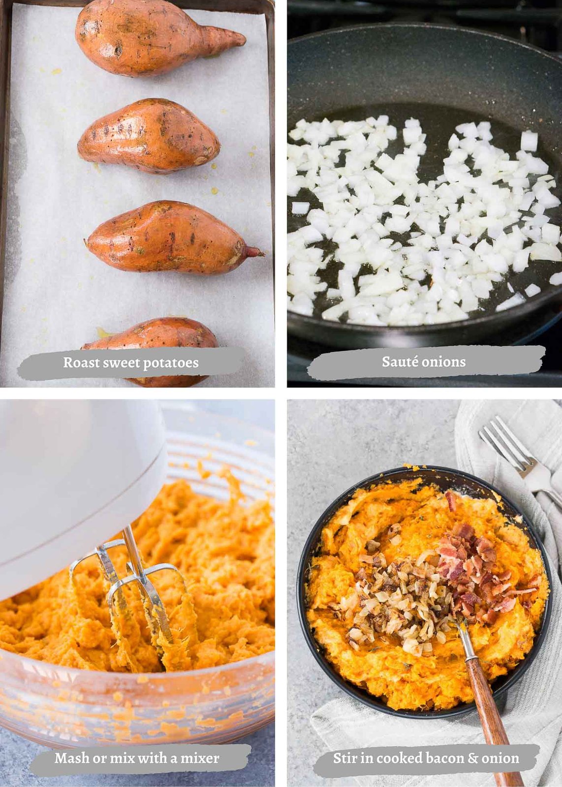 process images of mashed sweet potatoes with bacon