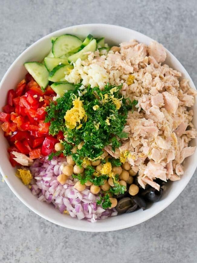 tuna salad ingredients in a bowl