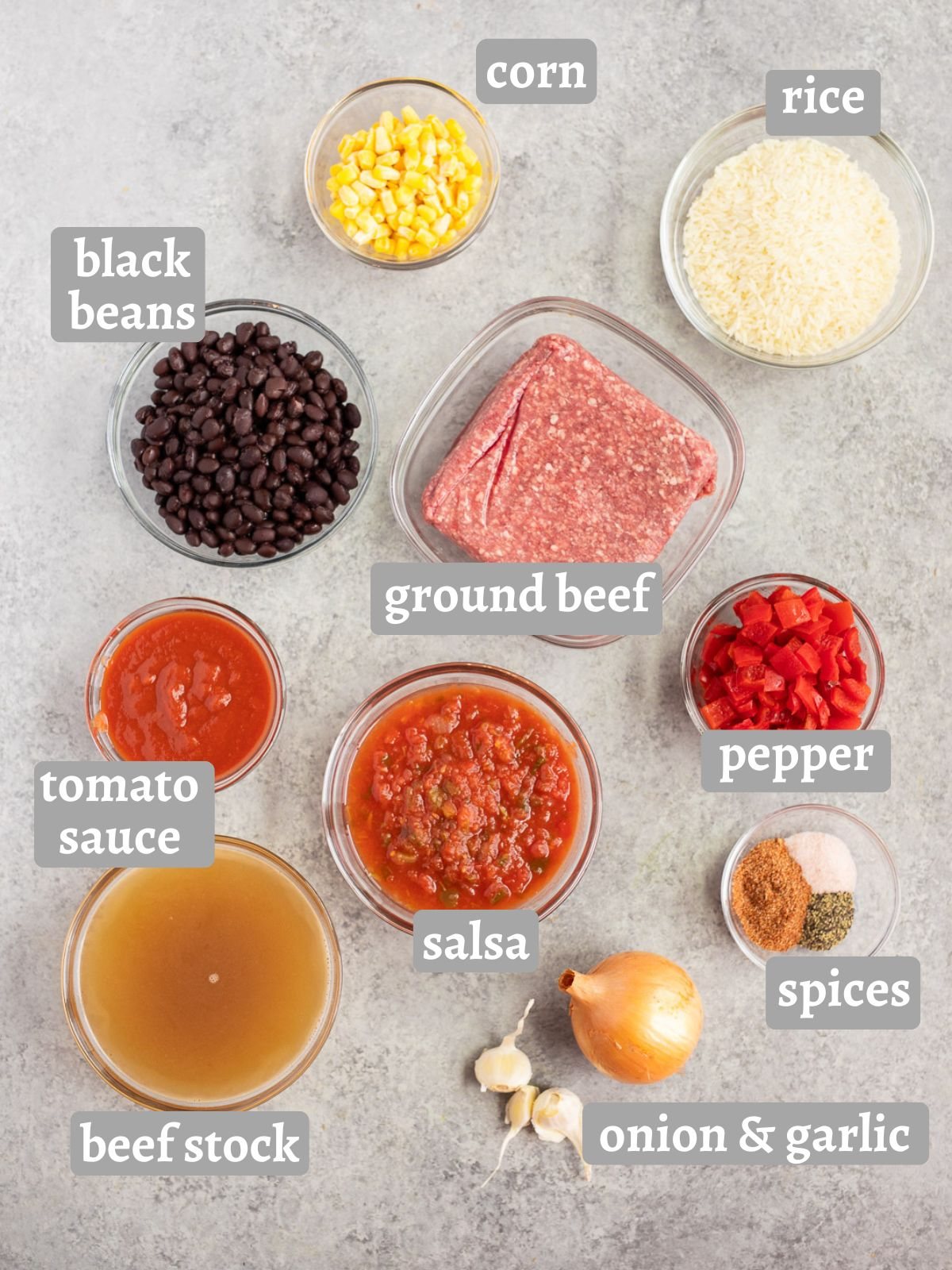 ingredients for Mexican ground beef and rice