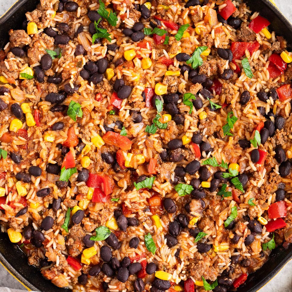 Mexican Beef and Rice Skillet with black beans, corn and peppers
