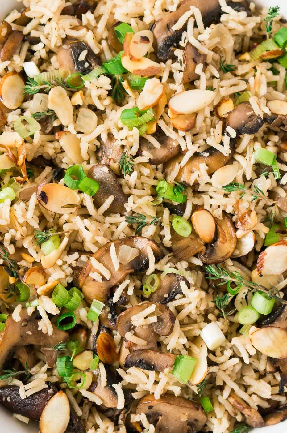 close of mushrooms and rice side dish