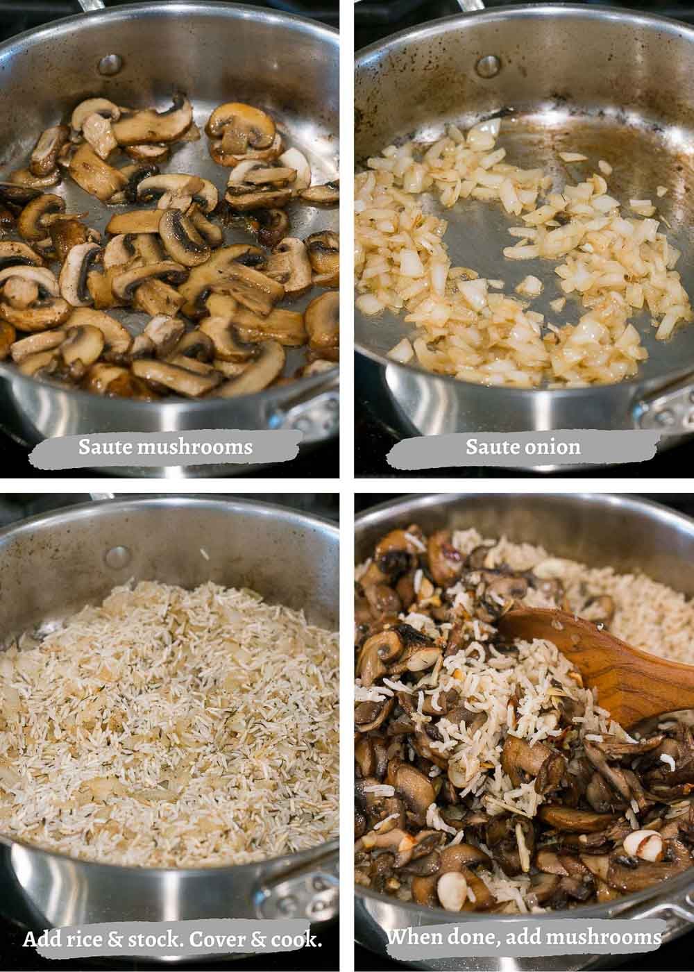 making mushroom rice pilaf - process shots