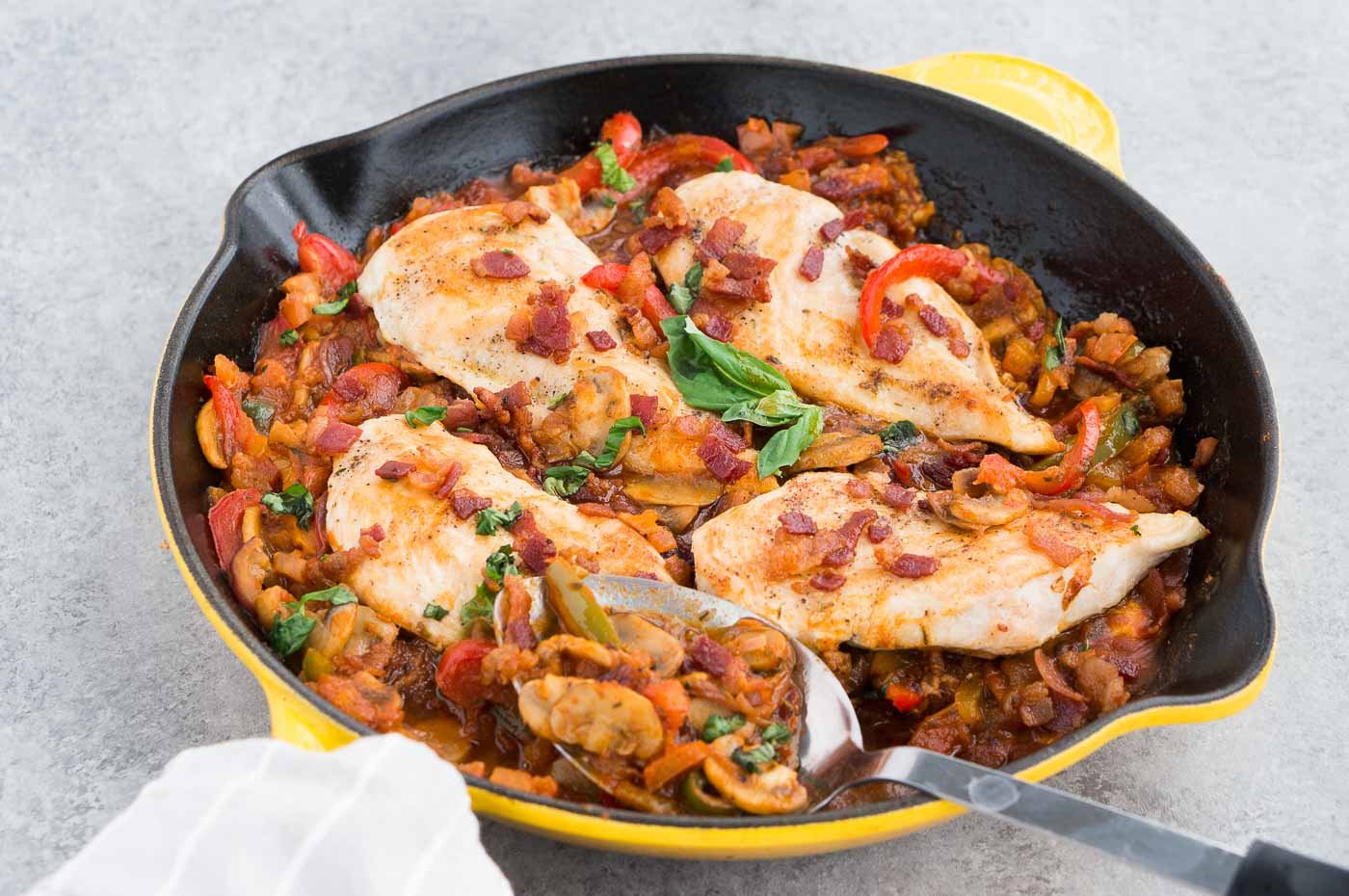 Italian chicken and vegetables in a large skillet