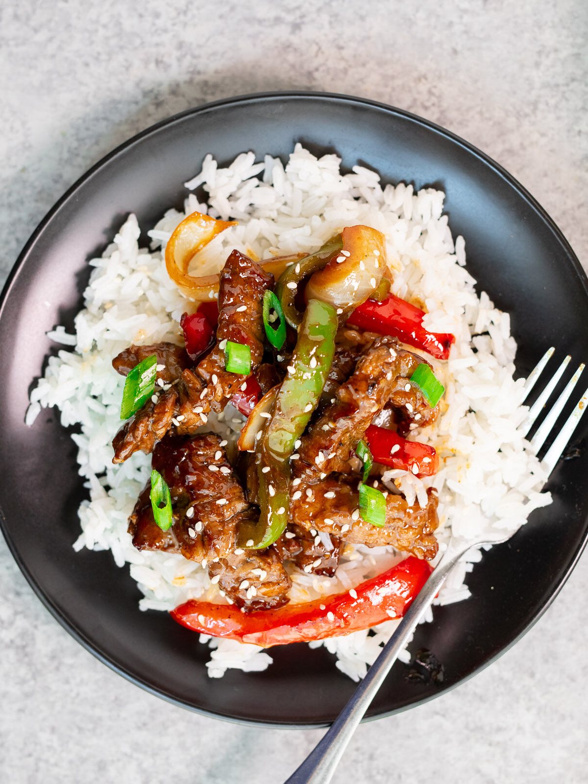 pepper steak over rice on a plate
