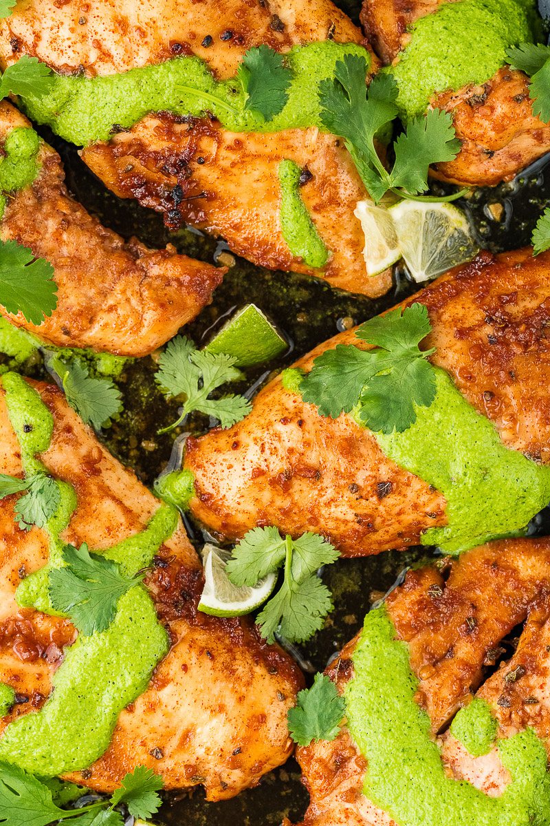 peruvian chicken recipe drizzled with green sauce (aji verde)