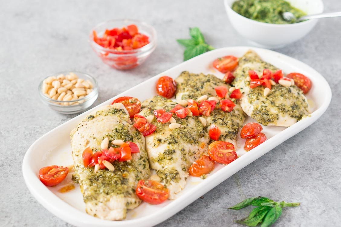 pesto chicken breast baked with tomatoes