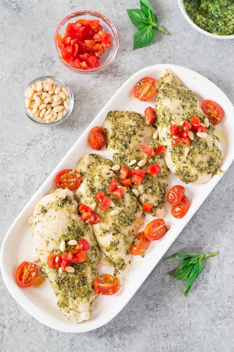 above shot of pesto chicken bake on a white plate