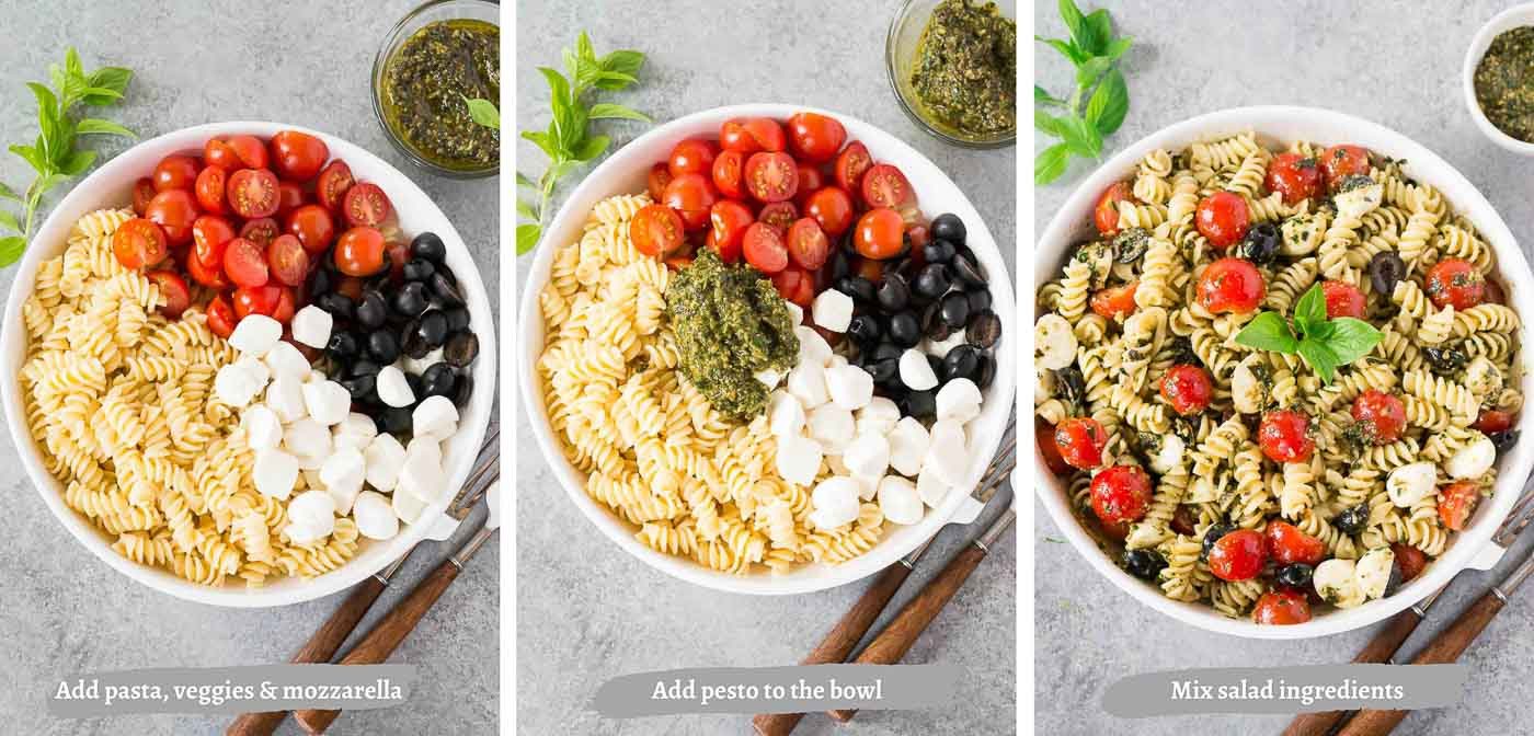 process steps of making pesto pasta salad