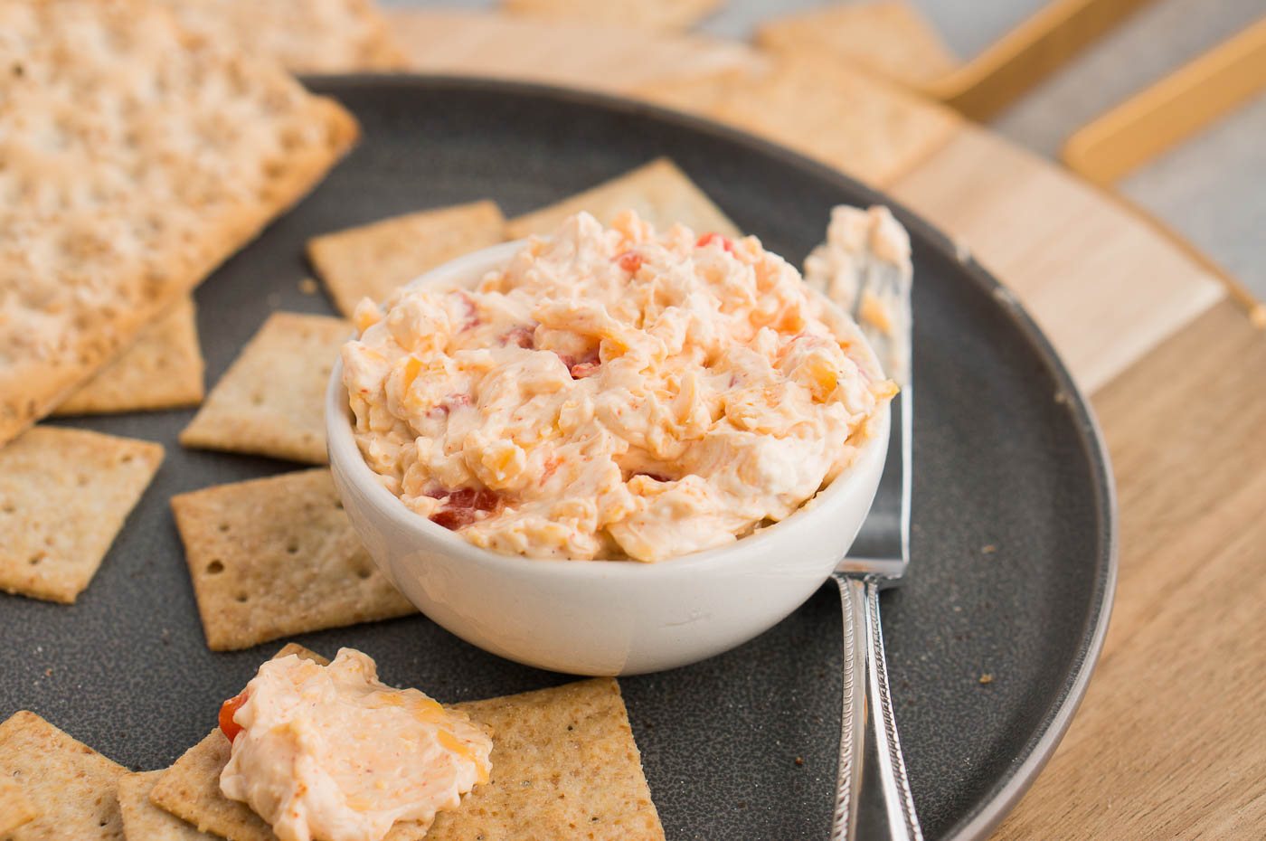 pimento dip in a bowl with crackers