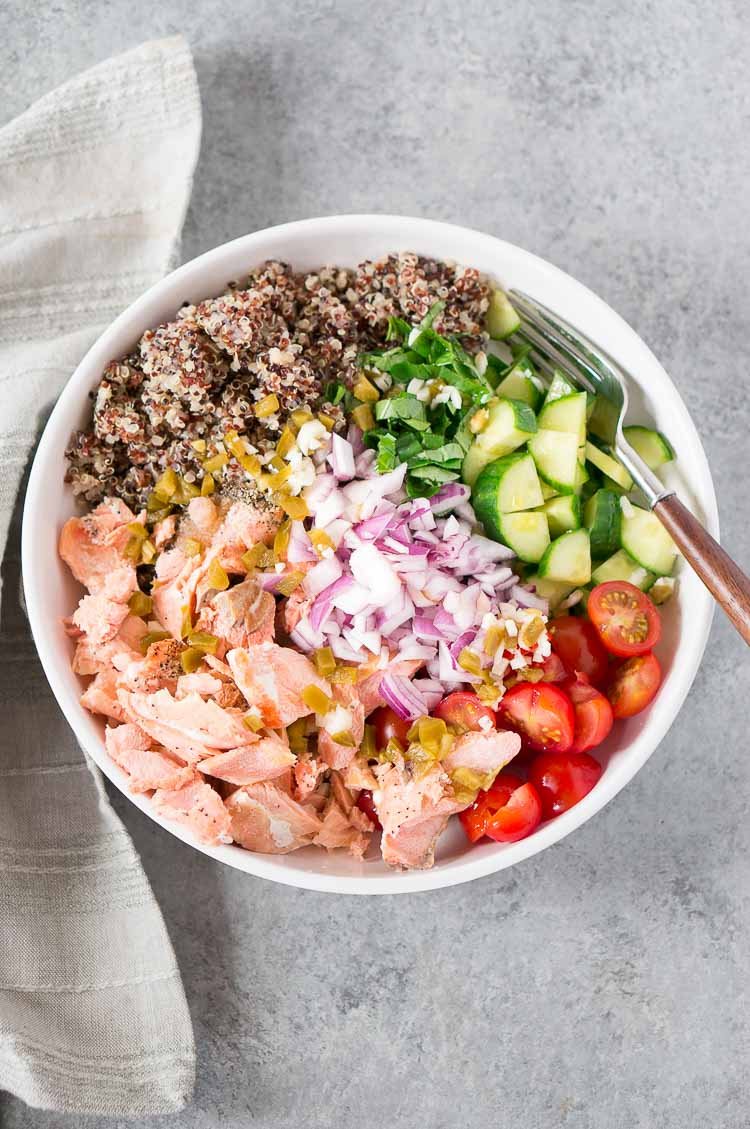 process shot of quinoa salad with salmon