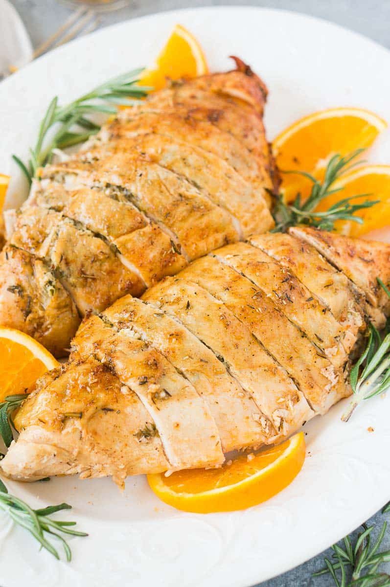close up shot of baked turkey breast on a plate