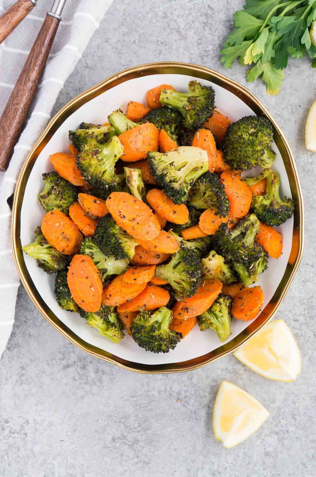 image from top of roasted vegetable side dish for Thanksgiving in a bowl