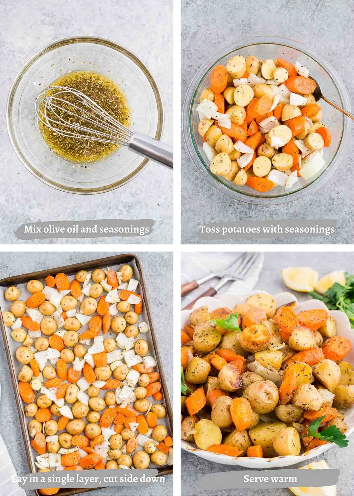 process images of roasting potatoes and carrots